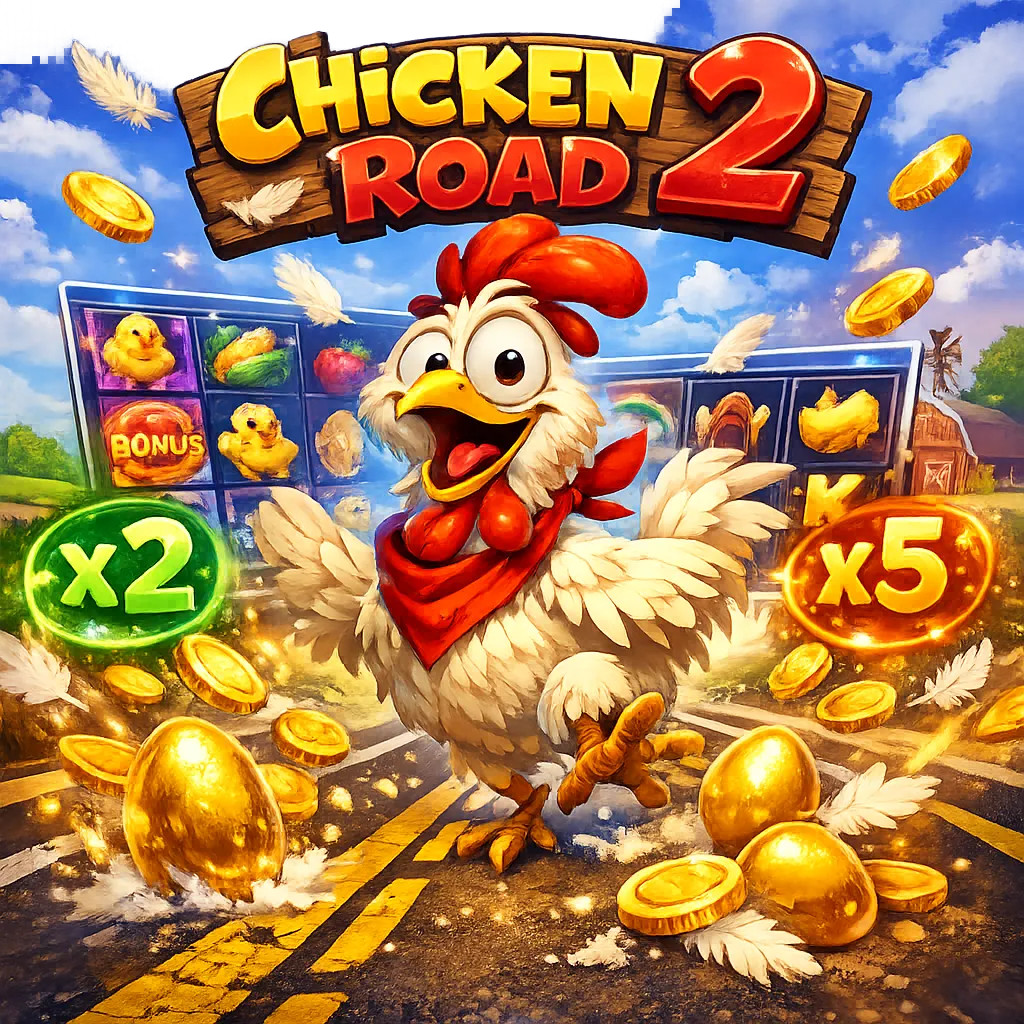 Bright promotional image with cartoon chicken, road lanes, feathers, coins, and playful energy.